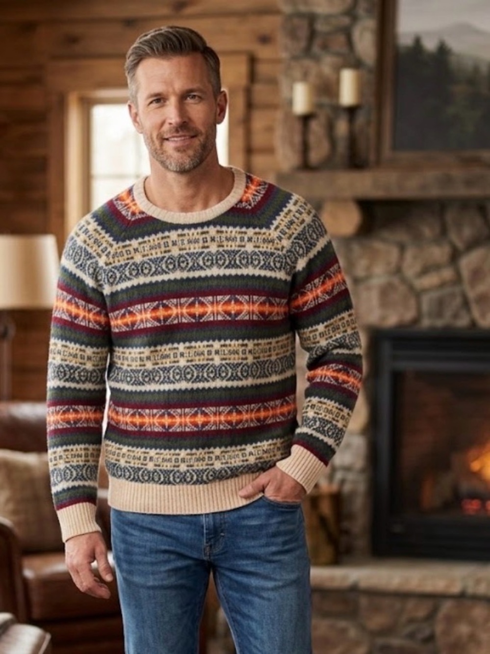 O’Hanlon Mills Lambswool Blend Fair Isle Knit Crewneck Sweater - Size Large